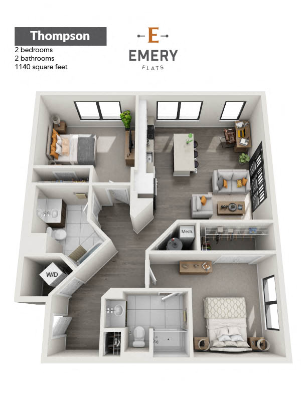 Floor plan for 2 beds, 2 baths, 1140 sqft